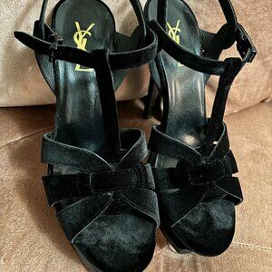 Saint Laurent YSL Black Velluto Master Velvet Tribute Platform Sandals Size 39/9